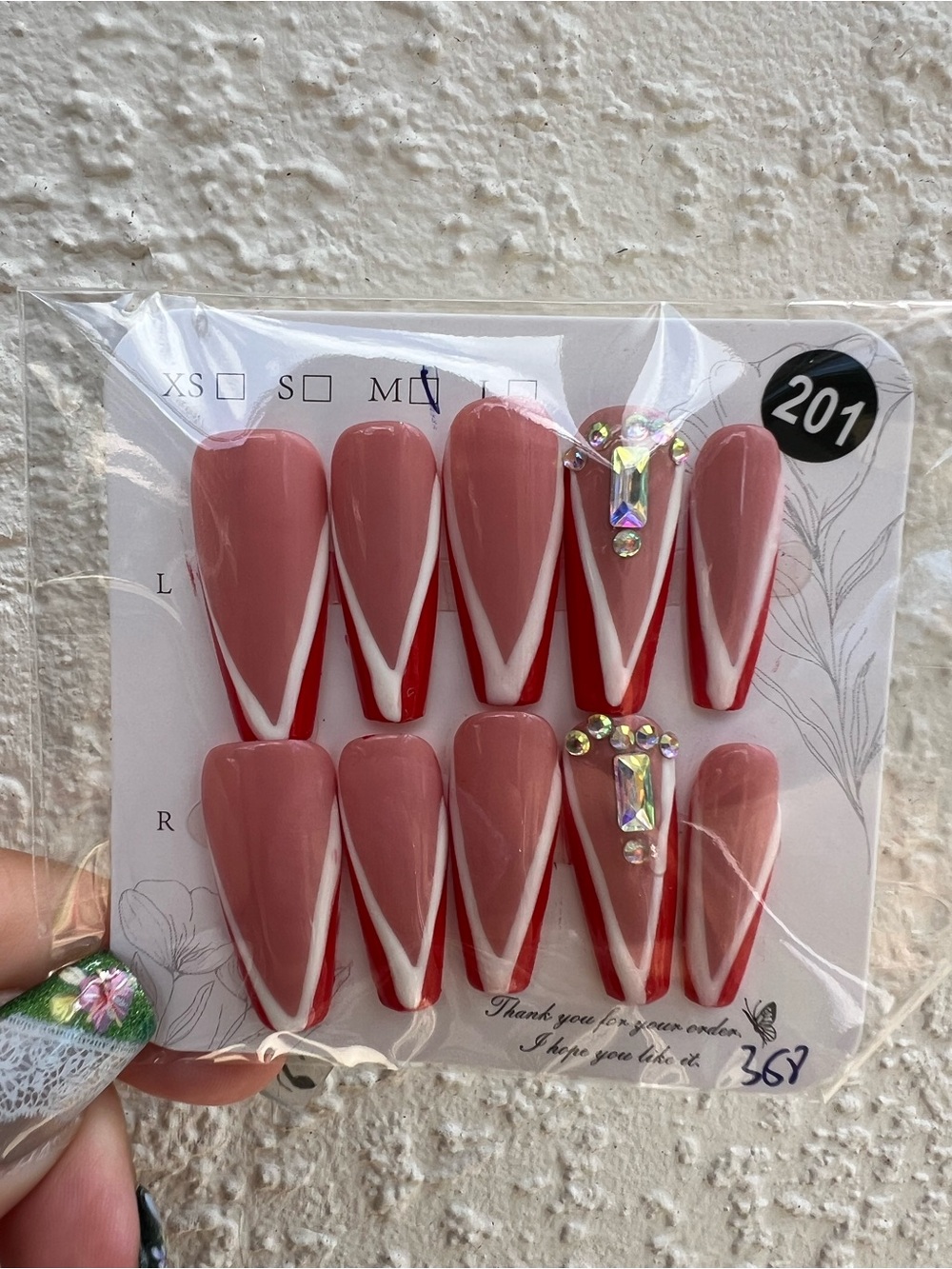 Handmade Press On Nails Red White French with Bling Medium